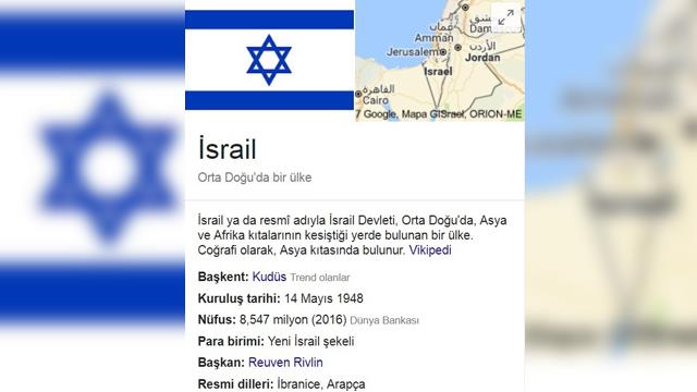 Google, Kudüs’ü İsrail’in başkenti olarak gösterdi.